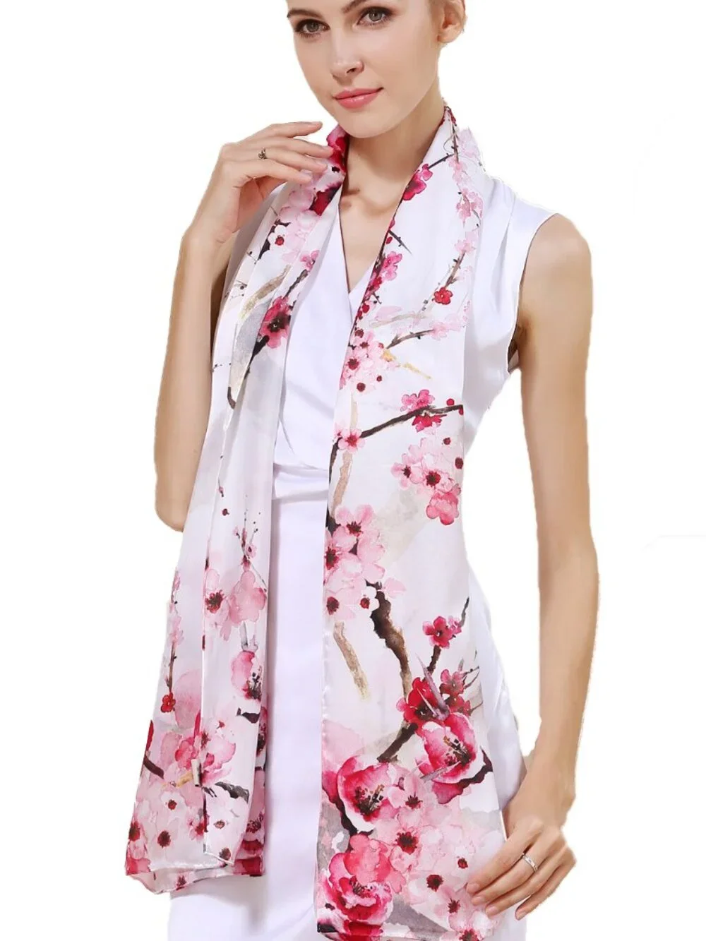100% Silk Scarf, Oblong, Cherry Blossoms, White